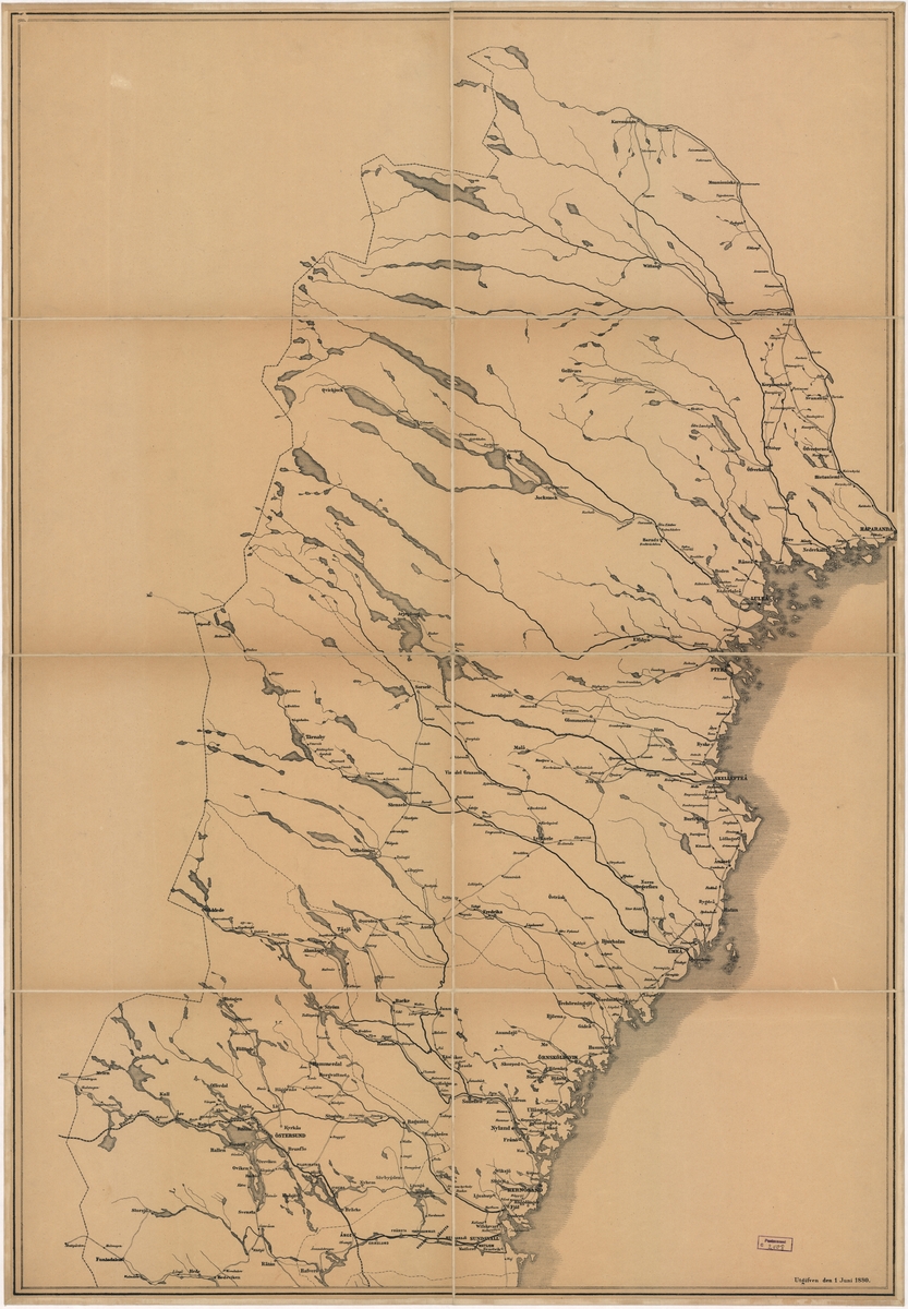 Postkarta över Sverige, norra delen, utgiven 1 juni 1880
Kartan av papper, uppfodrad på väv.