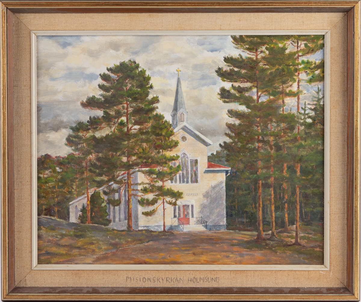 Tavla föreställande Holmsunds missionshus. Olja på masonitpannå.