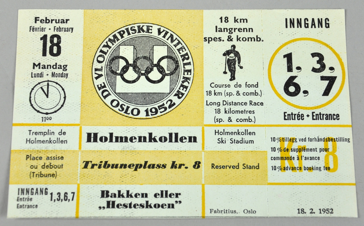 Billett til 18 km langrenn spes. & komb. under vinter-OL i Oslo 1952