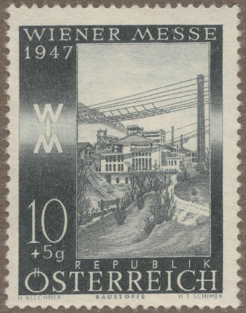 Frimärke ur Gösta Bodmans filatelistiska motivsamling, påbörjad 1950.
Frimärke från Österrike, 1947. Motiv av cementfabrik. "Wienermässan, 1947".