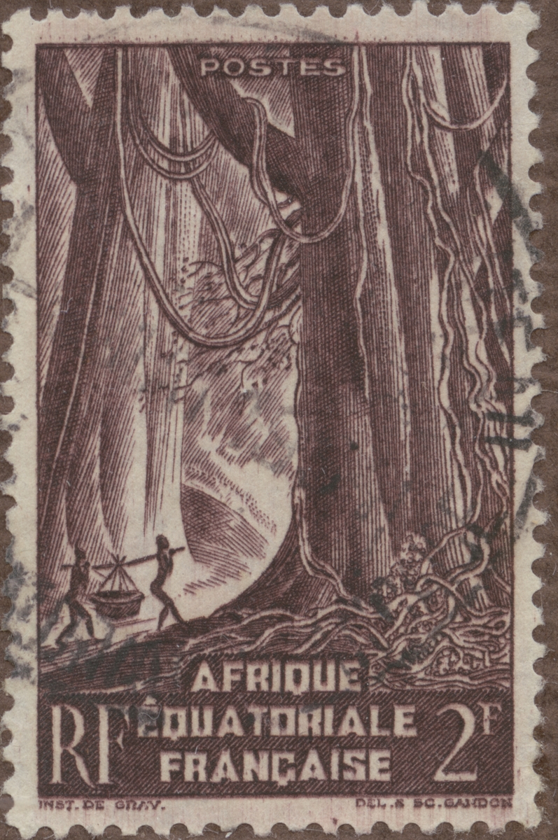 Frimärke ur Gösta Bodmans filatelistiska motivsamling, påbörjad 1950.
Frimärke från Franska Ekvatorialafrika, 1947. Motiv av arbete i Gabon, urskogen.