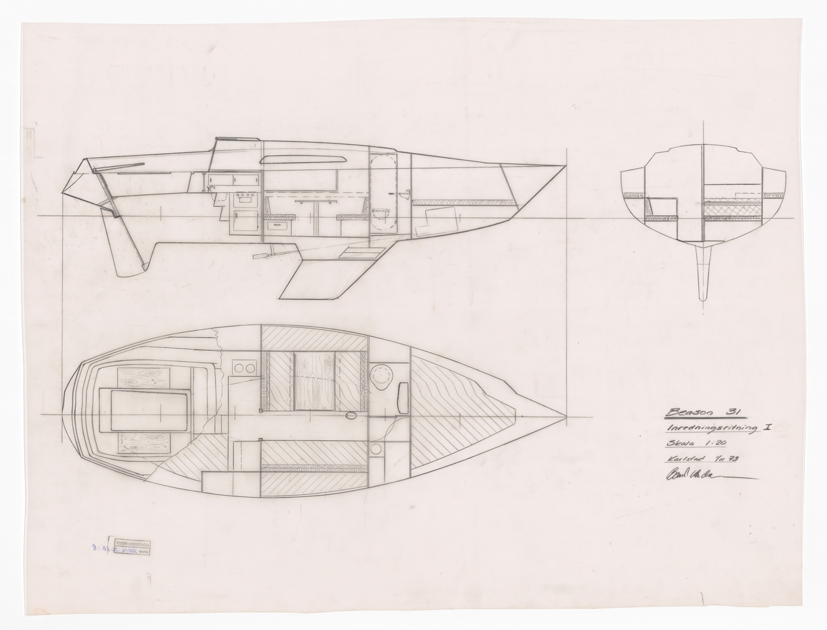 Segelbåt, Beason 31, inredning i plan o profil med sektion