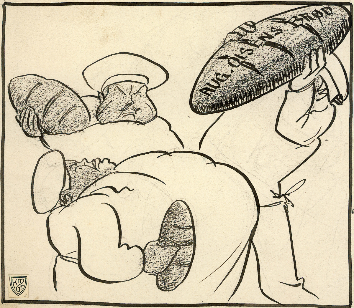 Karikatur av tre bakere med hvert sitt brød. Brødet til høyre er kjempestort og har på skrevet "AUG. OLSENS BRØD".