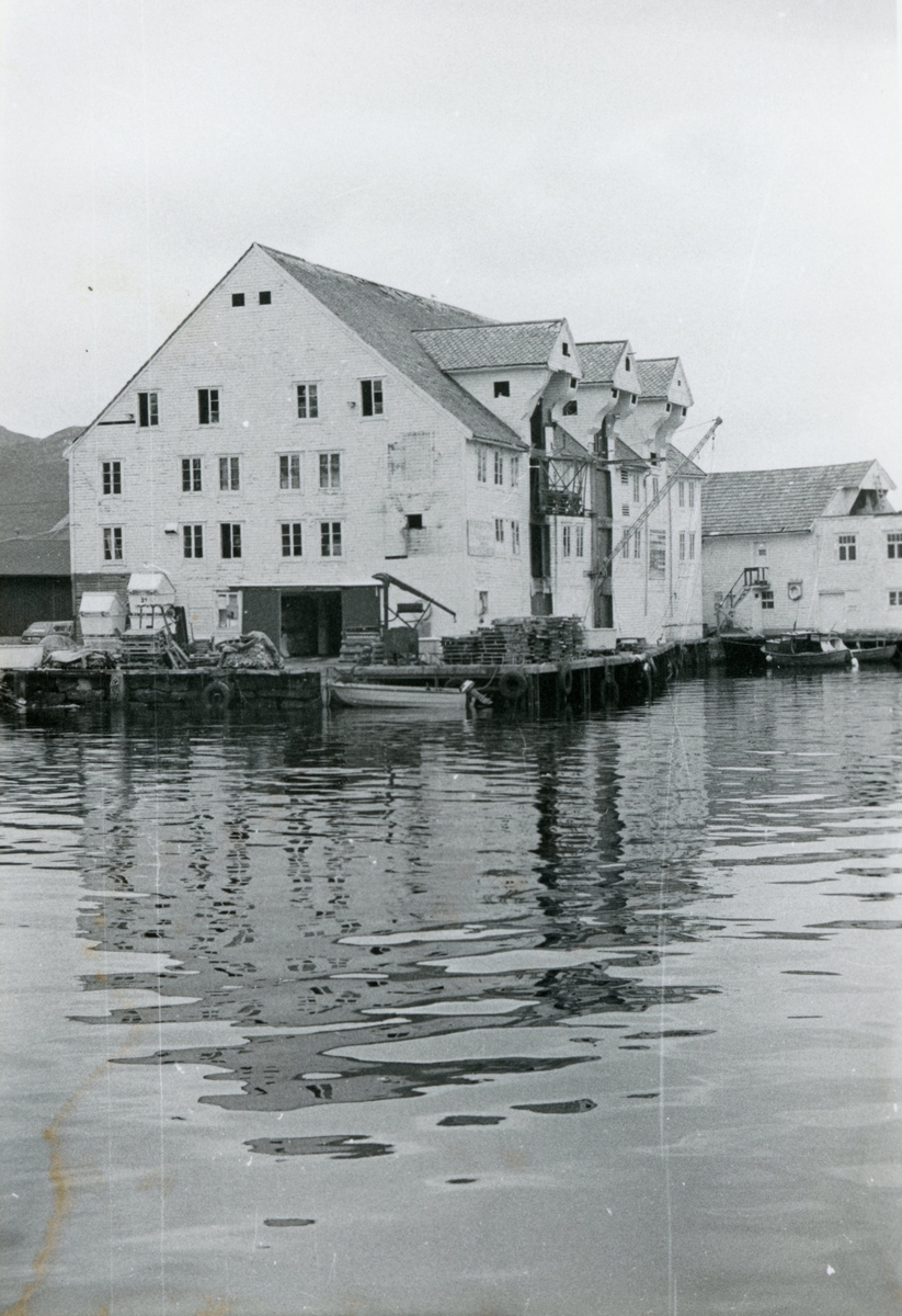 Motiv av havneanlegg med sjøboder og andre typer bygninger i Fosnavåg.