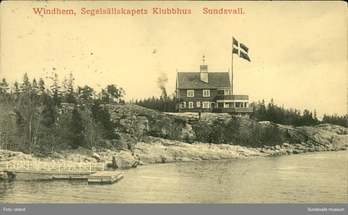Vykort med motiv över Vindhem, segelsällskapets klubbhus i Sundsvall. Uppfört 1911.