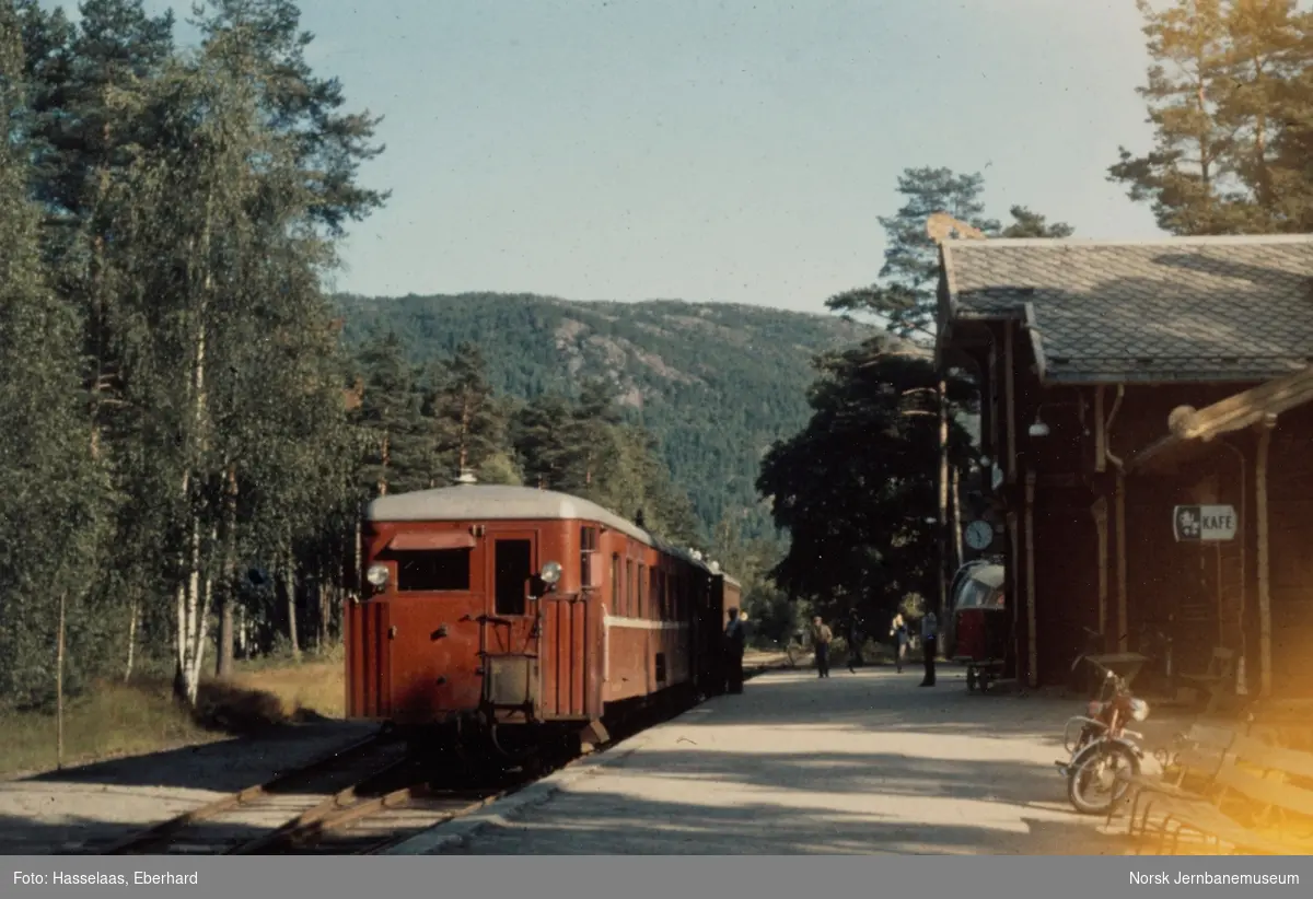 Setesdalsbanens motorvogn Bmbo 1 med persontog fra Grovane på Byglandsfjord stasjon