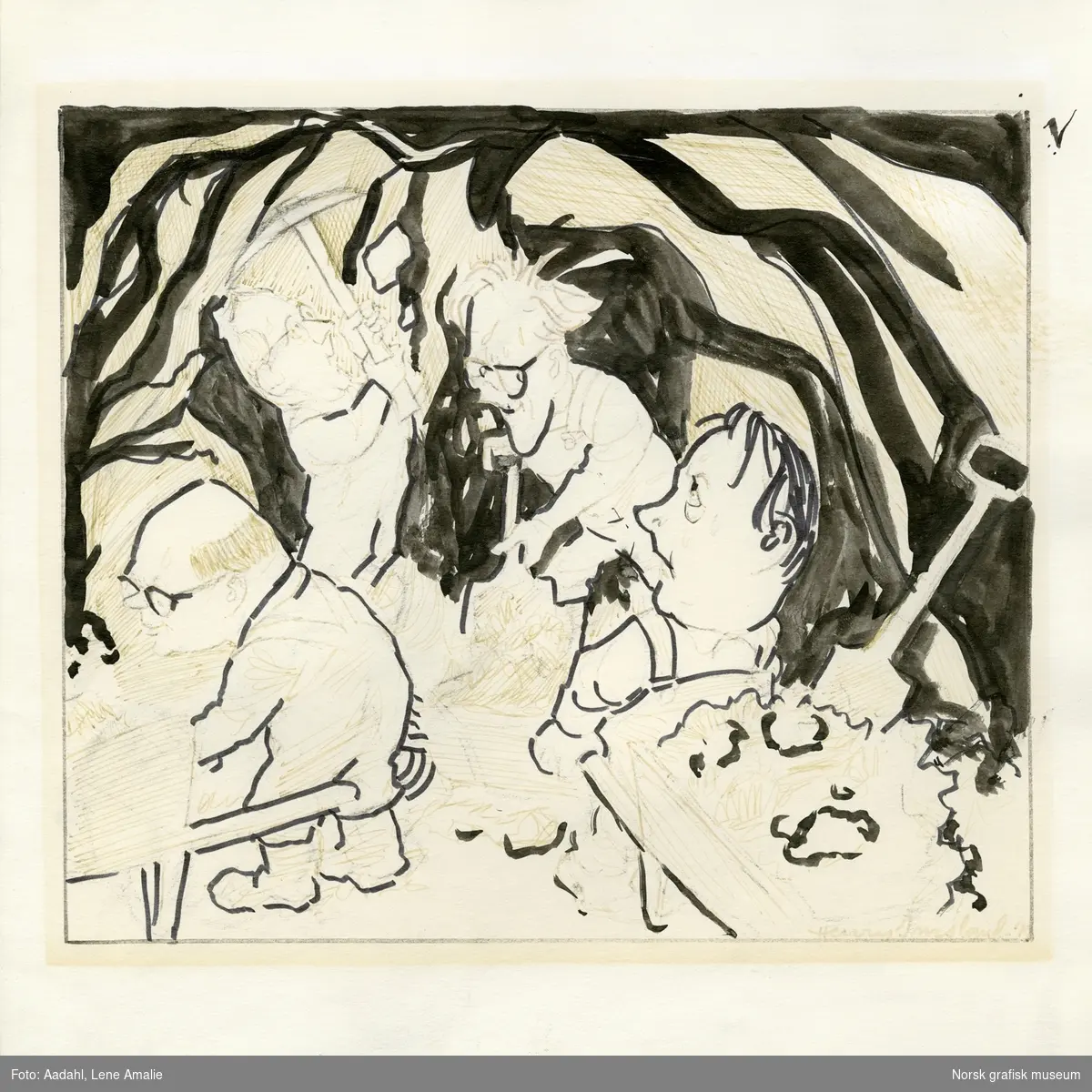 Tegningen forestiller 4 menn som arbeider i en gruve.