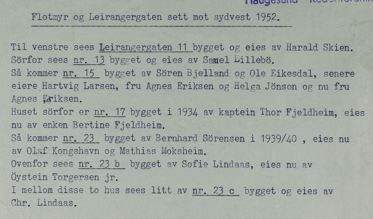 Flotmyr og Leirangergata sett mot sydvest, 1952.