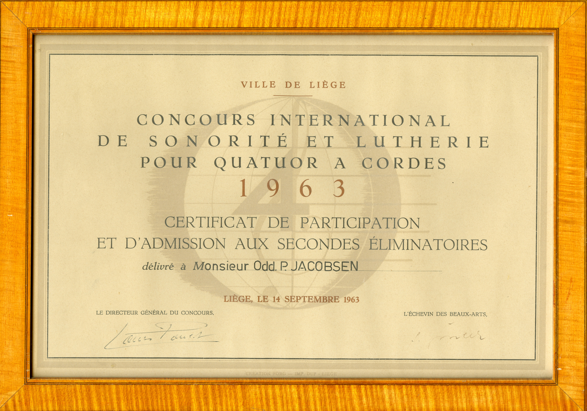 Diplom fra fiolinutstilling i Liege 1963.