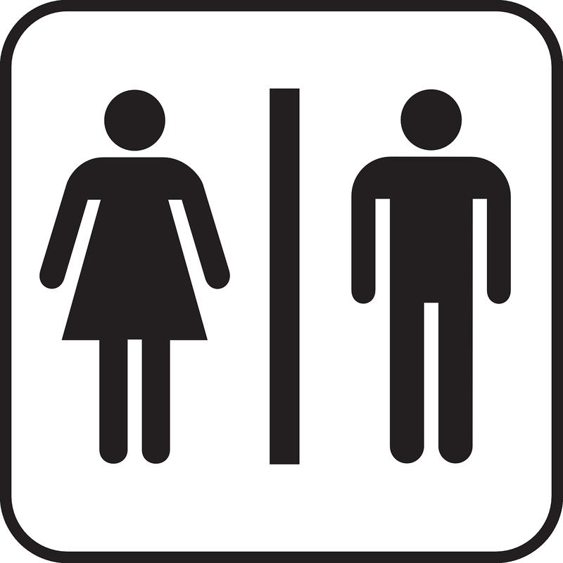 Toalettskilt; hvit bakgrunn og symbol for dame og mann i svart, atskilt med en svart strek (Foto/Photo)