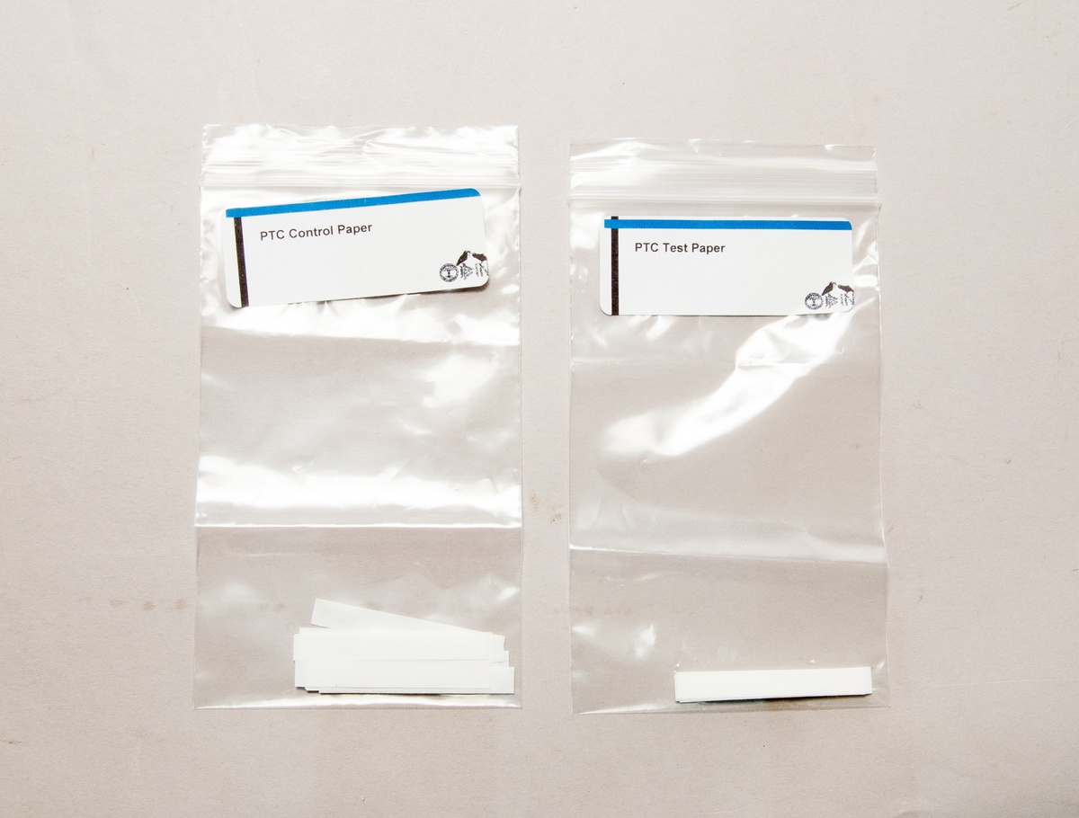 Två förpackningar testremsor (ca 20st remsor) för undersökning av anlag för bitter smak (PTC, phenylthiocarbamide).
