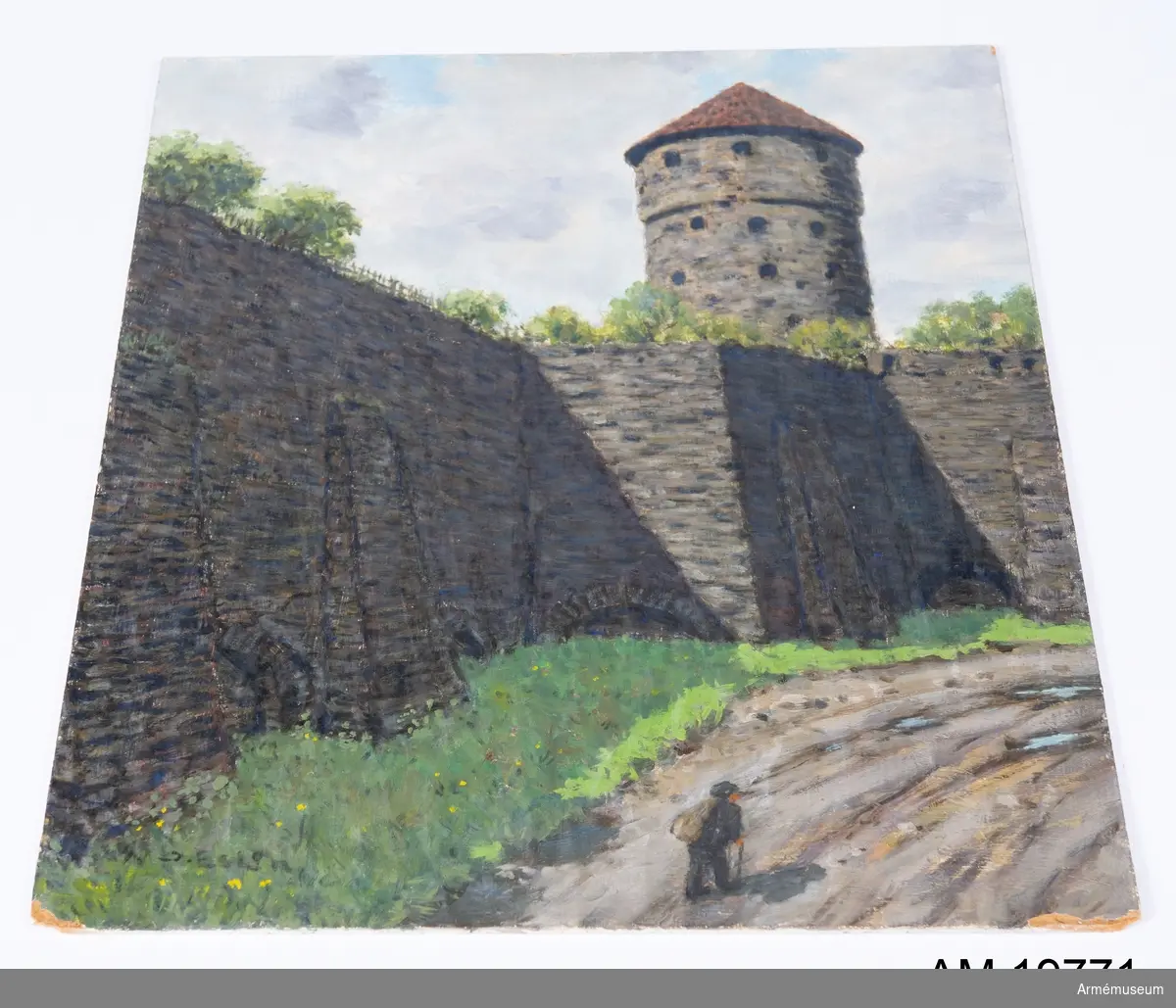 Oramad oljemålning föreställande fästningsvall med torn, av O. Eslon.