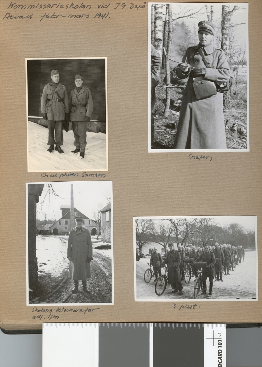 Text i fotoalbum: "Komissarieskolan vid I 9 Depå Axvall febr-mars 1941. 3. plut".