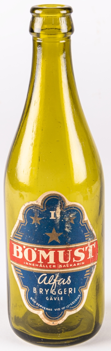 Ölflaska av brunt glas. Etikett: Bömust, Alfas bryggeri, Gävle.