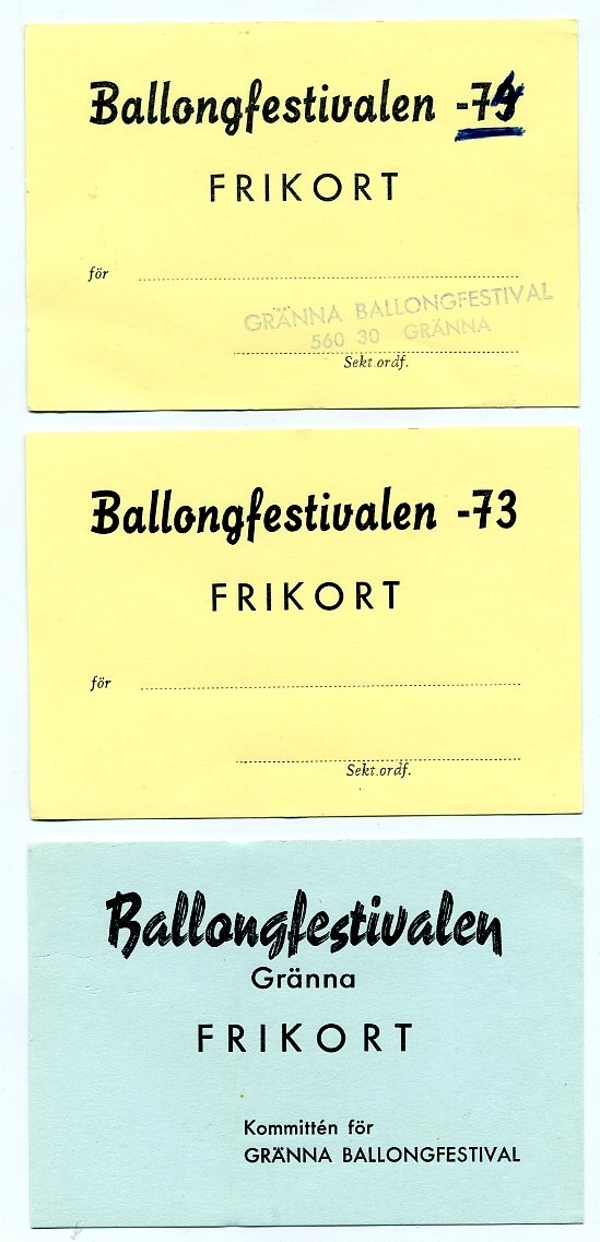 Fyra olika frikort för Ballongfestivalen i Gränna, för åren 1973, 1974 och sannolikt 1975.