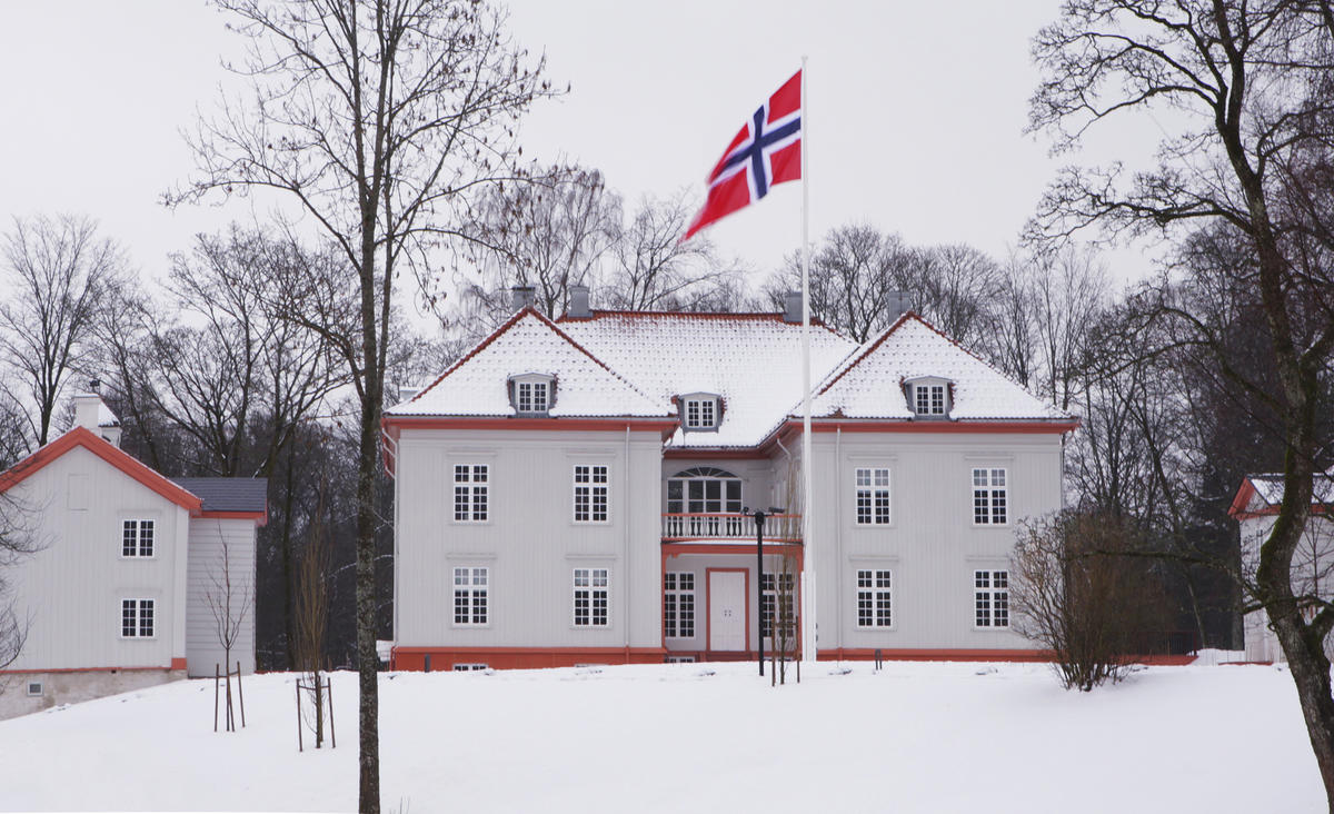 Eidsvollsbygningen hovedfasade vinter, snø på tak, trær og bakken, flagget vaier i vinden.
