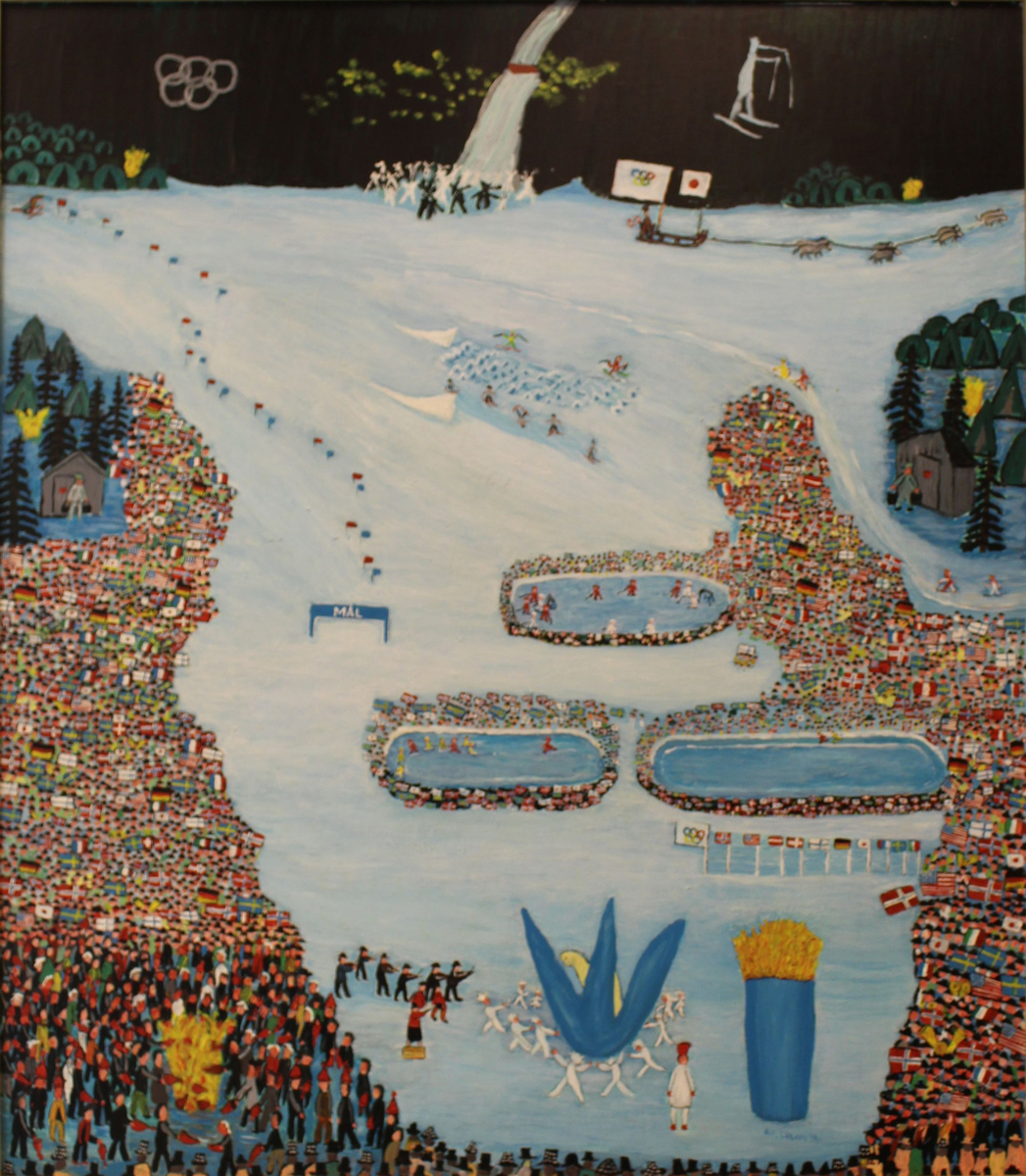Motivet er hentet fra åpningsseremonien til OL på Lillehammer i 1994. Store menneskemengder står rundt en vinterlig arena med OL-ringene og en hoppbakke i bakgrunnen. 