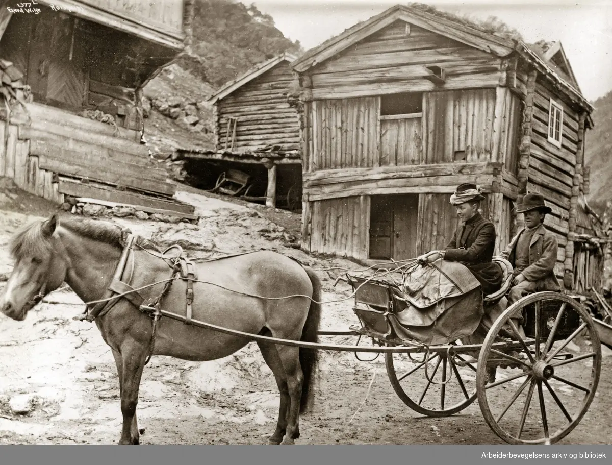 Karjol med to mennesker. Bøverdalen i Lom. Røisheim Turiststasjon i Gudbrandsdalen, 1880-1890..Foto Axel Lindahl.