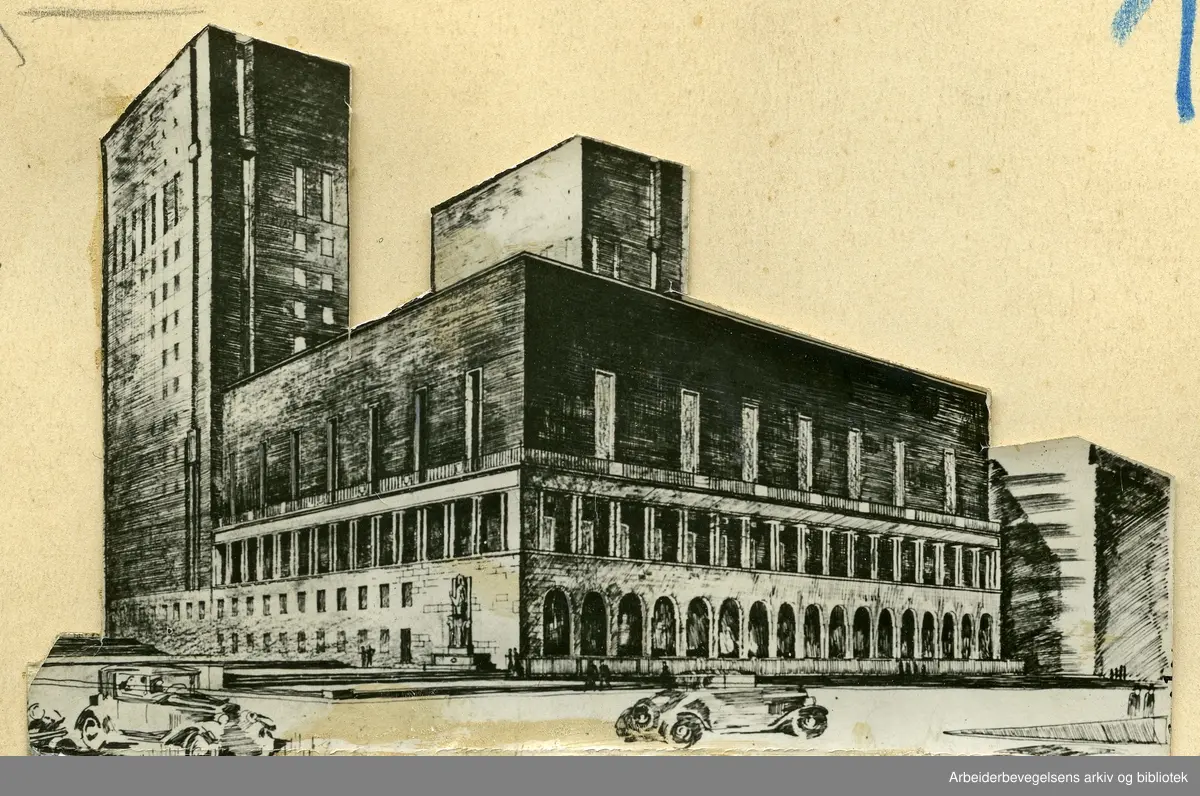 Perspektivskisse av Oslo Rådhus. Arkitektene Arnstein Arneberg og ...