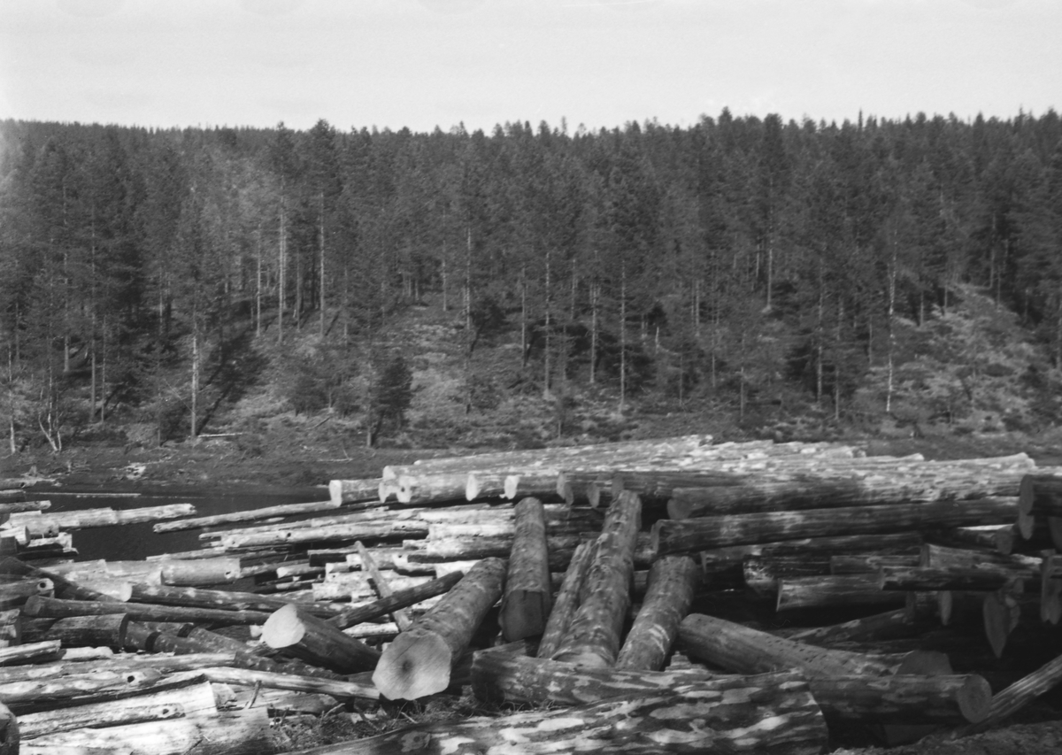 Fra Vesle-Osen i sørenden av Osensjøen i Trysil. Floret tømmer i strøvelte på vestsida, like innenfor brua. Fotografiet er tatt i mai 1947.  Dette året ble det levert 77 564 tømmerstokker med et samlet volum på 11 793 kubikkmeter til fløting fra Vesle Osen.
