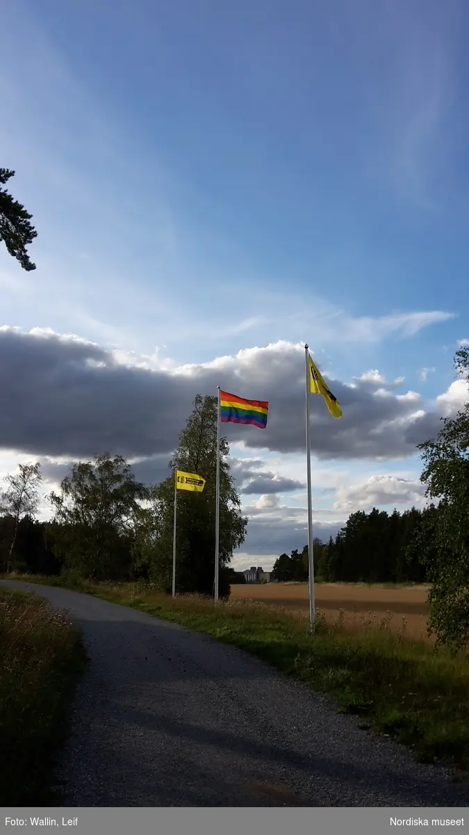 Prideflaggan (regnbågsflagga) vajar i vinden  utanför Enköpings snickeri,