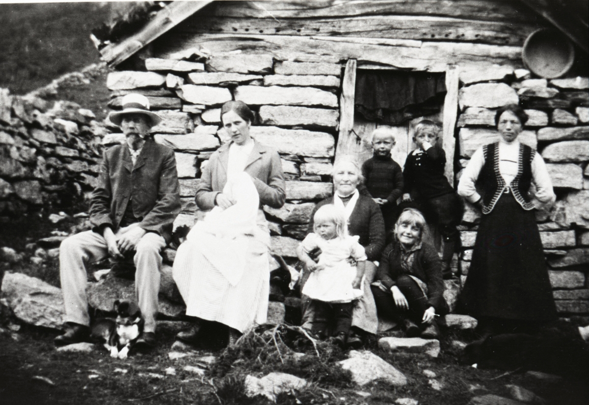 Gruppefotografi av barn og voksne (familie?) foran ei sæter på Rognestøylen i Sæbø, Hjørundfjord.
