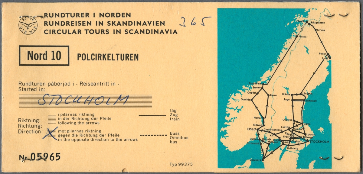 Biljetthäfte med fler biljetter för rundturer i Norden.
Första sidan visar en karta över Sverige och Norge med streckning för resan.
Med kulspetspenna är det ifyllt att resan börjar i STOCKHOLM samt att det är ikryssat att resan sker mot pilarnas riktning på kartan.
På nästa sida finns reseinformation på svenska, tyska och engelska.
På nästa sida är det handskrivet NORD 10 under 2:a klass. Priset är 365 kronor.
På nästa sida är det ifyllt 1973-07-12 med kulspetspenna.
Biljetten är klippt.
Nästa sida är en kontrollkupong för buss, sträckan Halden - Svinesund.
Baksidan på kontrollkupongen har en stämpel från SJ Resebyrå.