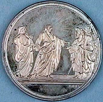 Minnesmynt eller medalj i silver, med motiv av Jesus och fariséerna.
Tysk text på myntets baksida: "Fürchte Gott Thue Recht Scheue niemand", det vill säga ungefär "Frukta ingen människa men frukta Gud"