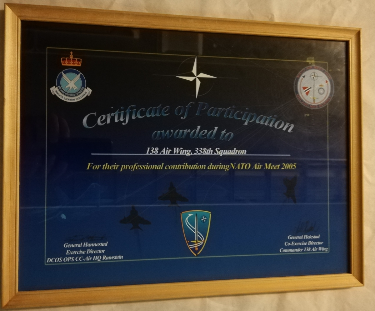 Certificate of Participation awarded to 138 Air Wing, 338th Squadron