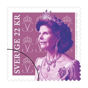 Frimärken i rulle med fem självhäftande frimärken med motivet Drottning Silvia. Valör 22 kr.
