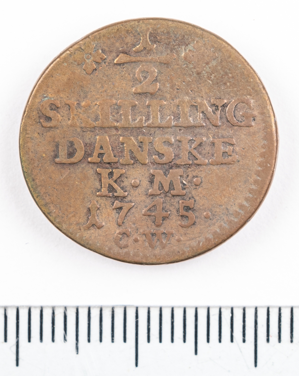 Mynt, Danmark, 1745, ½ Skilling.