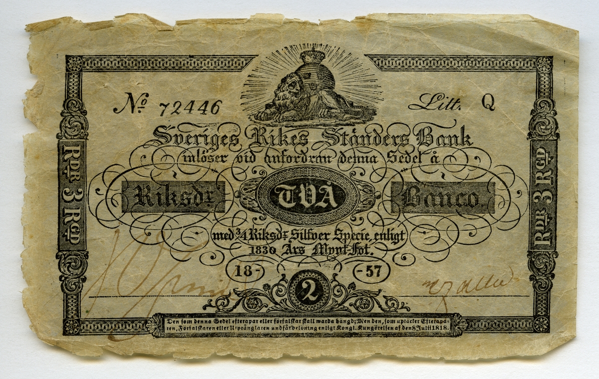 2 Riksdaler banco 1857 Oscar I.

Sedeln har nummer 72446 Litt: Q.