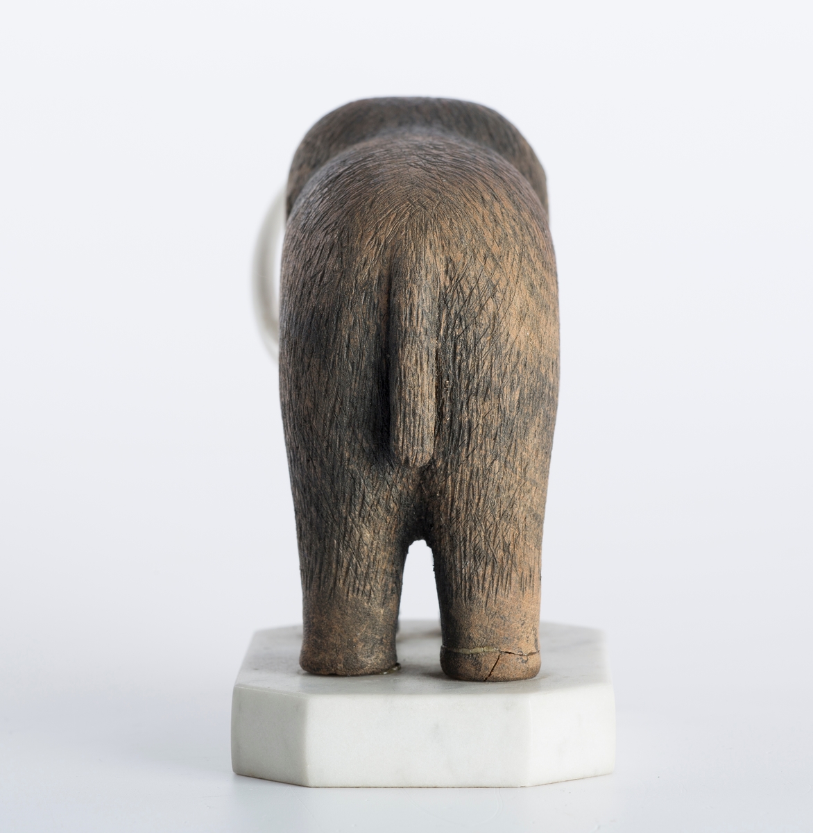 Mammut i sort tre med hvite tenner i benmateriale, base i marmor.