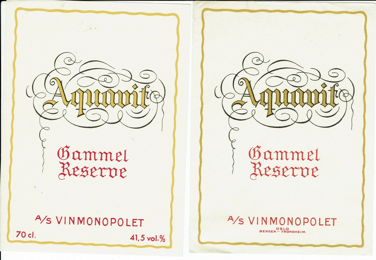Gammel Reserve Aquavit. A/S Vinmonopolet. To eksemplarer. 