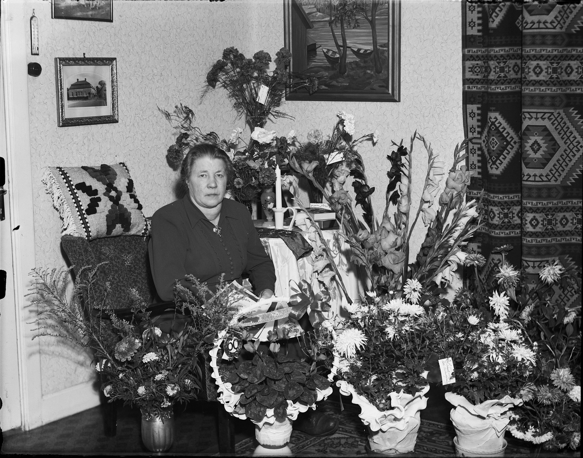 Kvinna i hemmet omgiven av blommor, firar 60-årsdag, Östhammar, Uppland