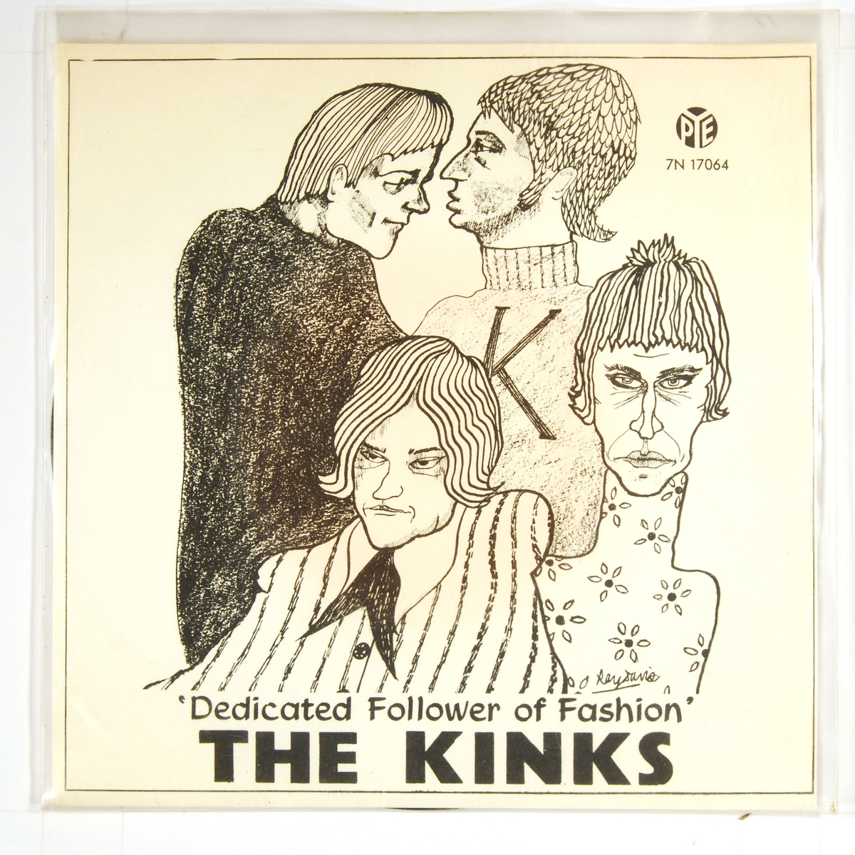 Karikert tegning av bandmedlemmene i "The Kinks".