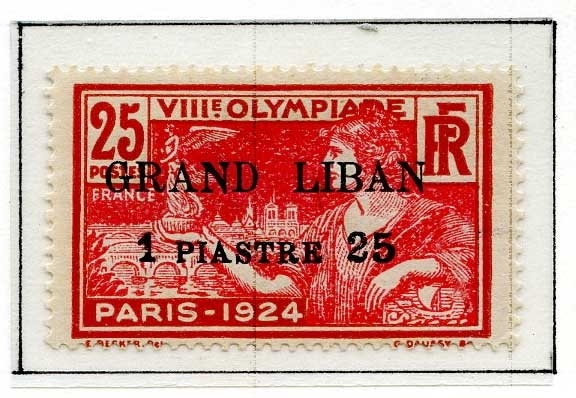 Åtte frimerker fra Sommer-OL i Paris i 1924 montert på en albumside. Det er fire ulike frimerker - to av hvert motiv og farge. Frimerkene er alle stemplet GRAND LIBAN og en annen verdi enn den som er angitt på frimerket.