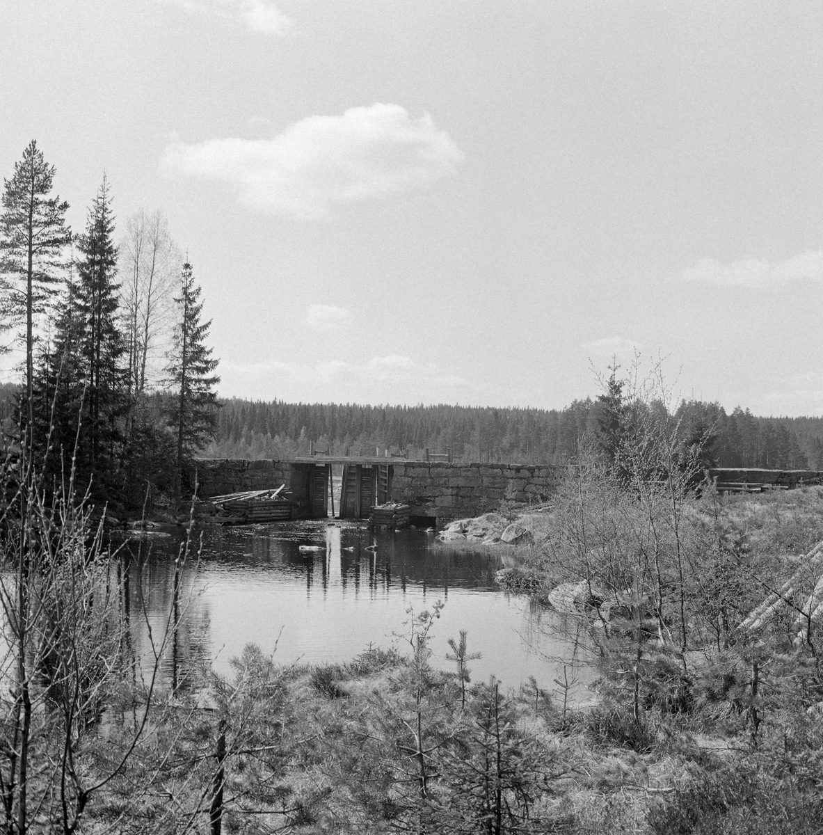 Vestsjødammen ved Vestsjøen i Våler i Solør, Hedmark. Lukedam. Dammen er satt. Fløterkoie i bakgrunnen. På gamle fløtingskart er denne lille innsjøen kalt «Værsjøen» og dammen går under navnet «Værsjødammen».  Herfra går vannet - og tømmeret - over i Tverråa, som renner inn i Glomma fra vest litt sør for Svennebyøya i Våler. Tidlig på 1900-tallet var Tverråa fløtbar over en strekning på cirka 10 kilometer.