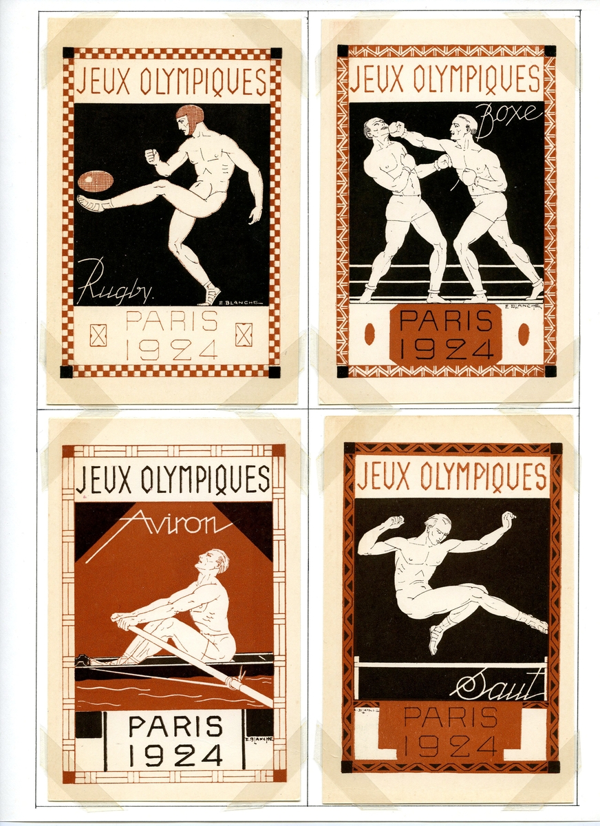 Fire olympiske postkort monter på albumside. Alle kortene er merket med den samme teksten. Hvert kort er illustrert med hver sin indrett: Det første rugby, det andre boksing, det tredje roing og det siste hopp.