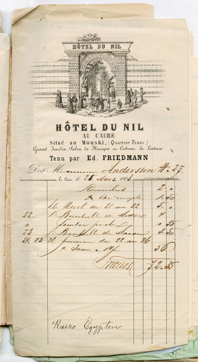 Hotellräkningar och järnvägsbiljetter från Adolf Andersohns olika resor.