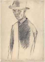 Selvportrett med hatt og frakk [Tegning]