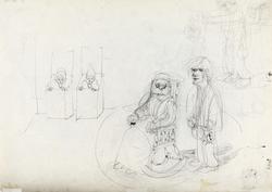 Scene fra "Sluttspel" av Samuel Beckett [Tegning]