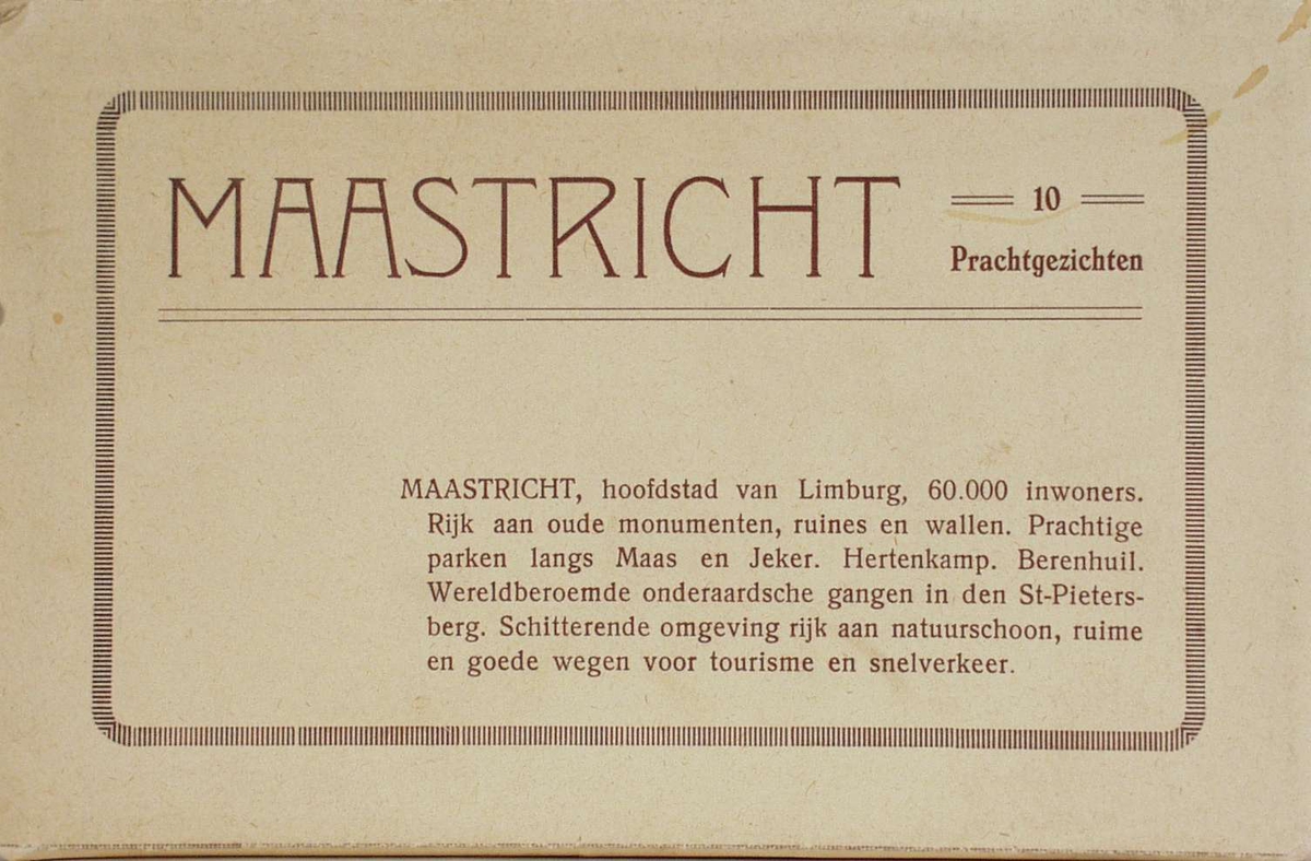 En folder med 10 postkort med forskjellige motiv fra Maastricht.
