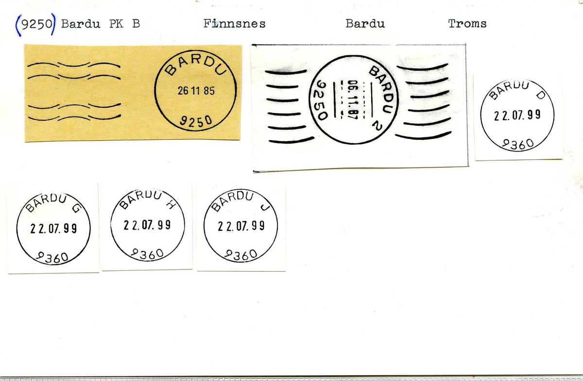Stempelkatalog, 9250 Bardu postkontor B. Finnsnes postkontor. Bardu kommune. Troms fylke.