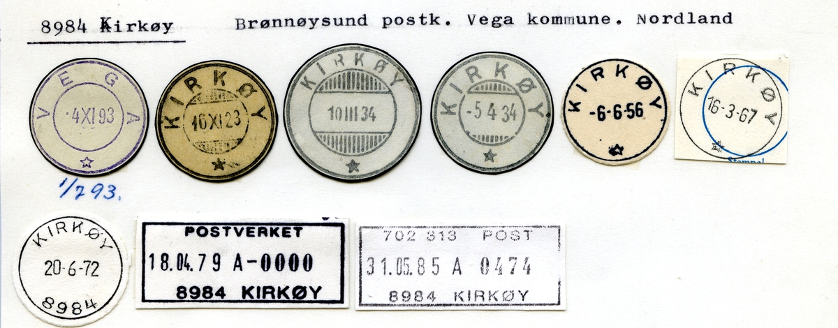 Stempelkatalog 8984 Kirkøy, Brønnøysund postk., Vega kommune, Nordland
(Vega 1.7.1893)