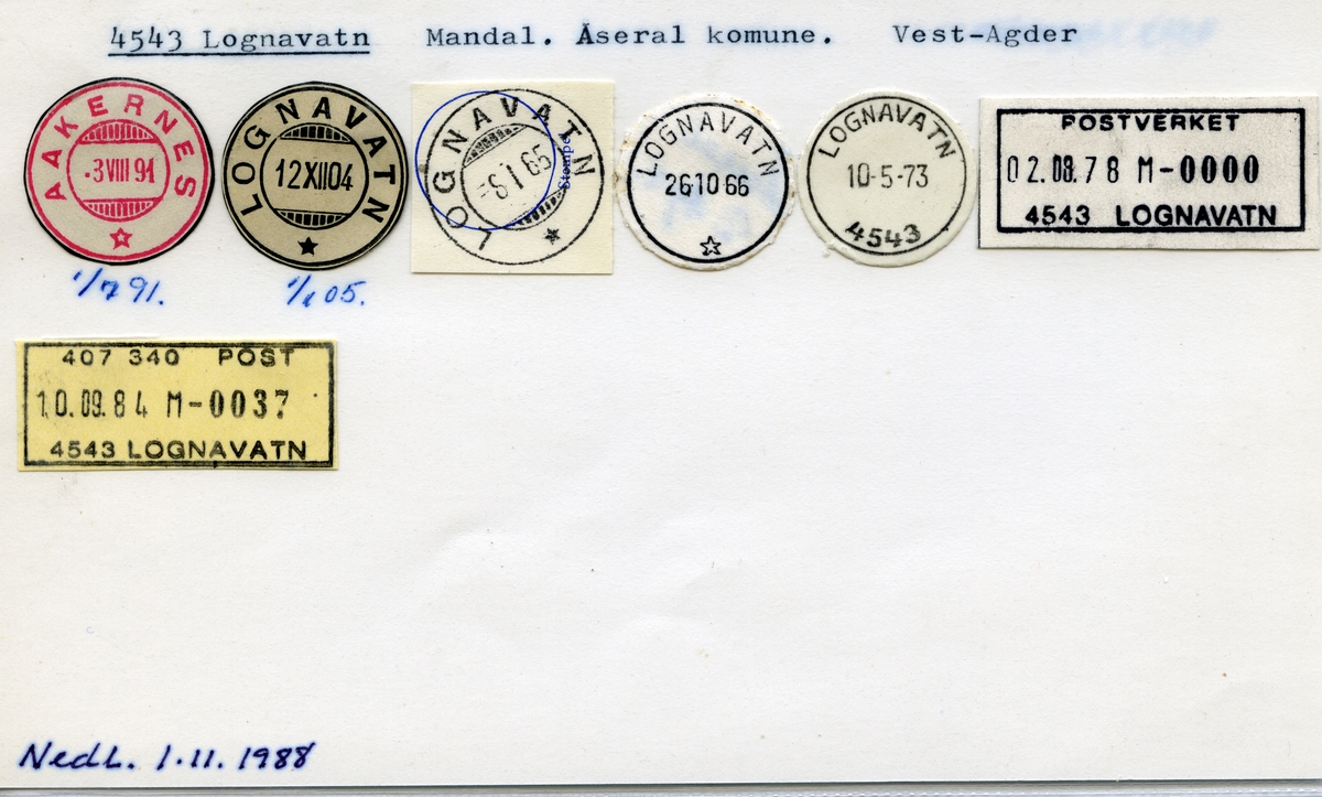 Stempelkatalog,4543 Lognavatn, Mandal, Åseral kommune, Vest-Agder - Norges  Postmuseum / DigitaltMuseum