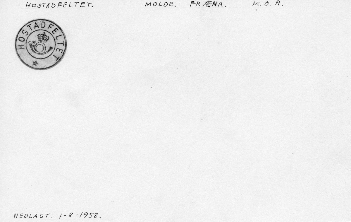 Stempelkatalog. Hostadfeltet, Molde postk., Fræna kommune, Møre og Romsdal
(Nedl. 1.8.1958)