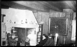 Kvinner, barn, peisestue, peis, maleri,