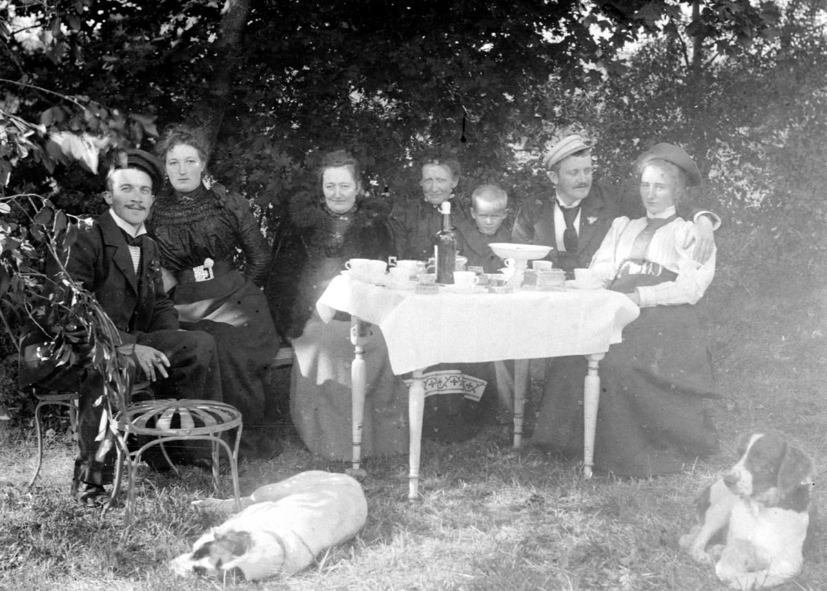 Kaffebord ute på Nederkvern gård, Brumunddal. Fra venstre er Birger Bjerke, Marthe Bjerke født Narud, Anne Marie Hvinden Haug, Ottilia Bjerke født Grüner, Karl Thor Løken, Thore Bjerke, Marta Bjerke.