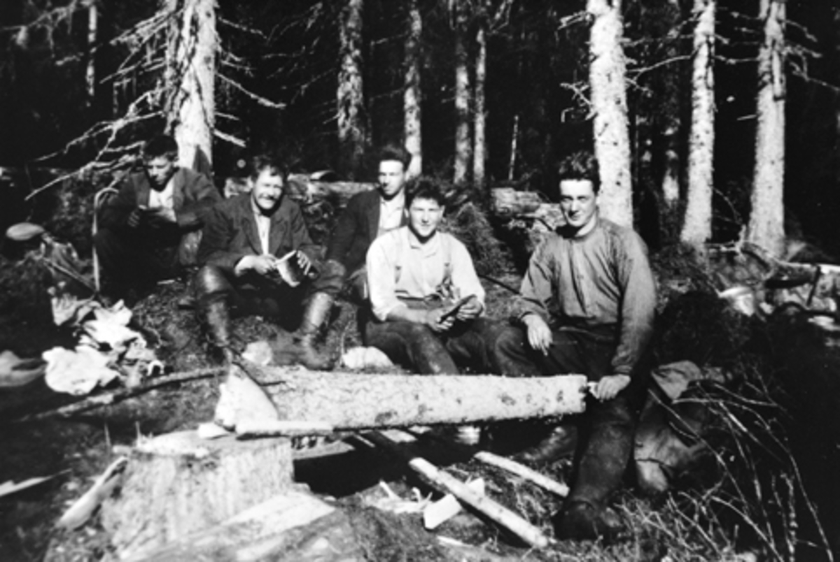 Tømmerhuggere med matpause. Ruskåshalla, Furnes Almenning. Bak fra venstre er Johan Sørlunden, Jørgen Rognlidalen, Olaf Sørlunden. Foran fra venstre er Even Sørlunden, Erling Lillemauset.